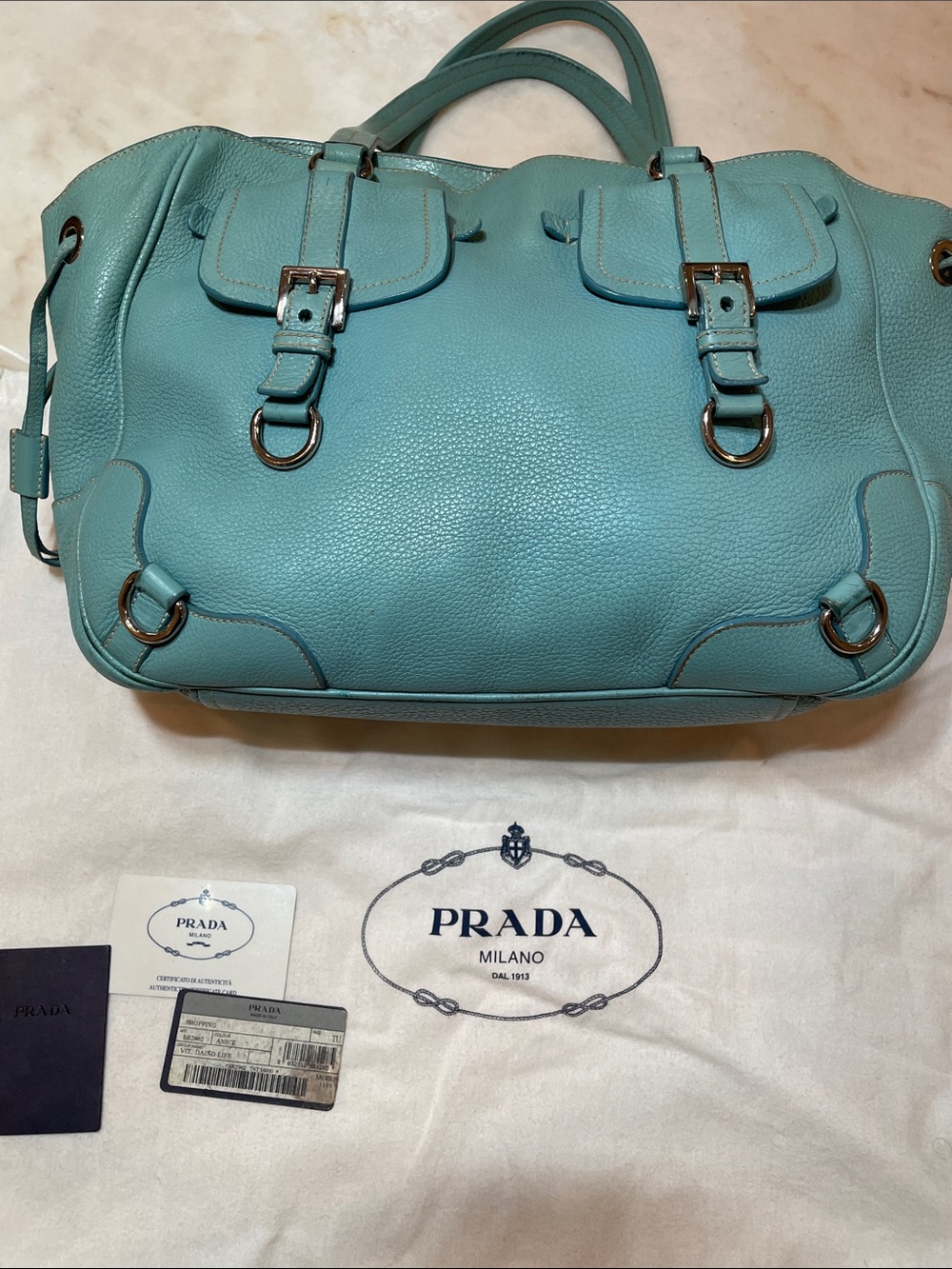 Prada turquoise Leather Double-Handle Tote